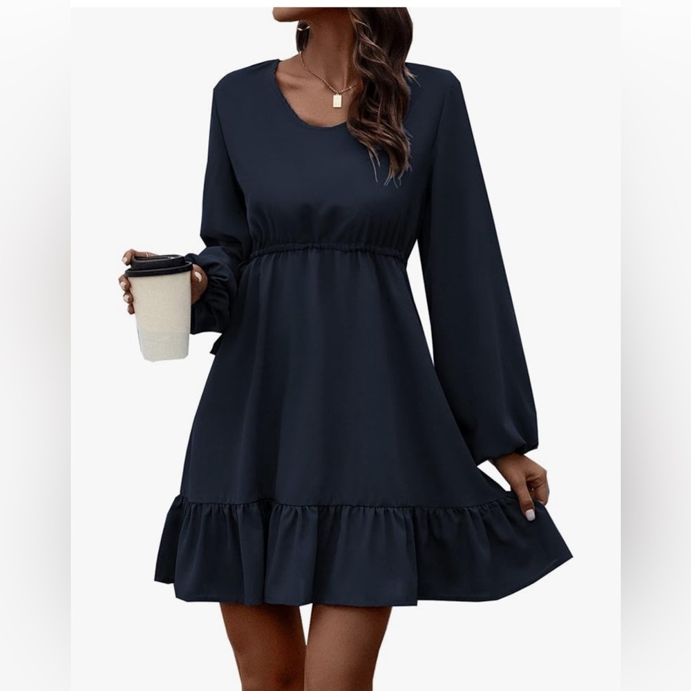 Womens Round Neck Long Bubble Sleeve Textured Casual Summer Babydoll Short Dress